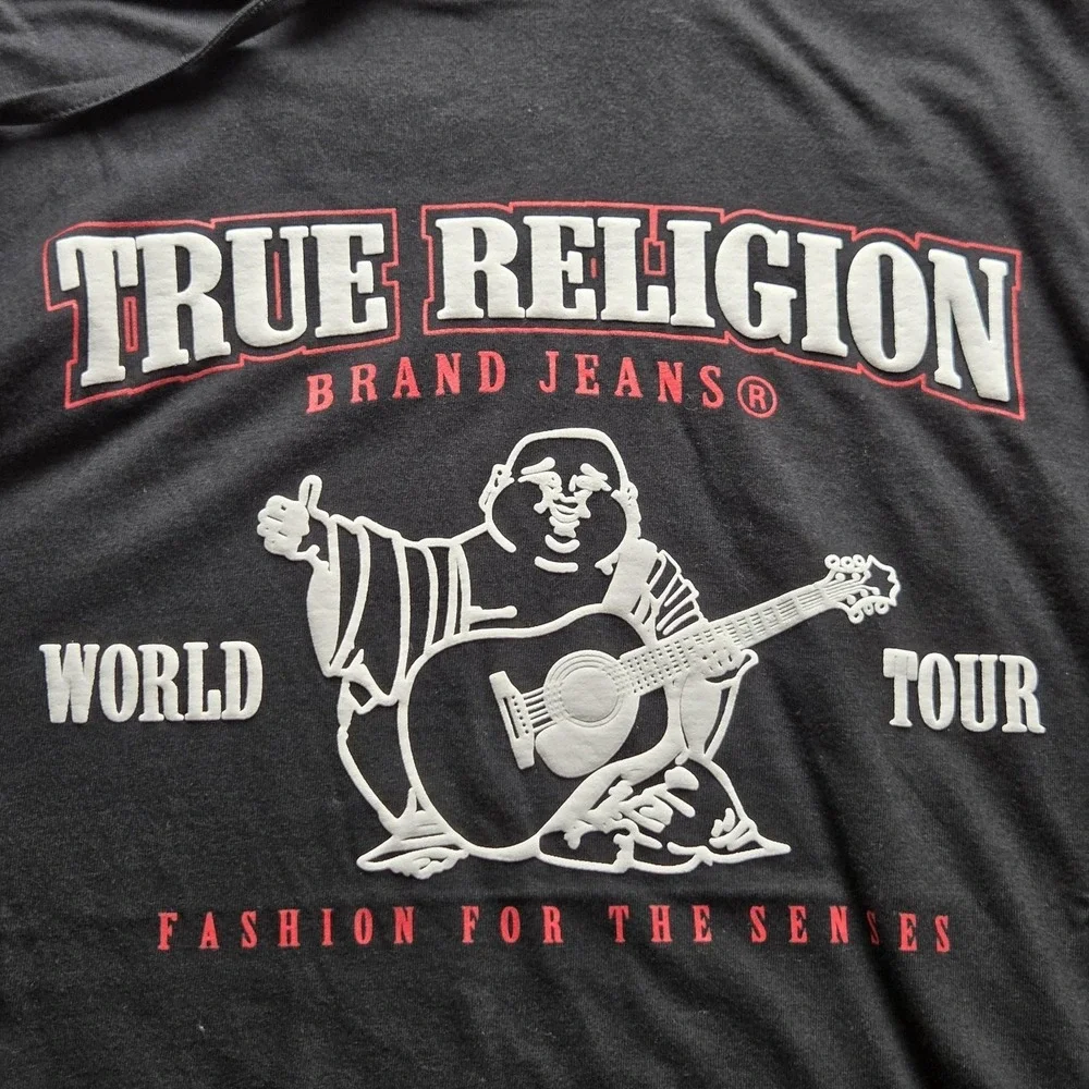 True Religion Shirt Mens Medium Black Buddha Tour Graphic Hooded Sleeveless Tee